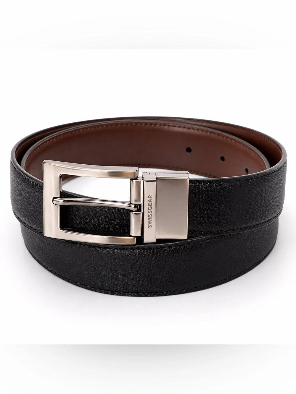 SwissGear Men’s Black Brown Reversible Belt Silver Buckle